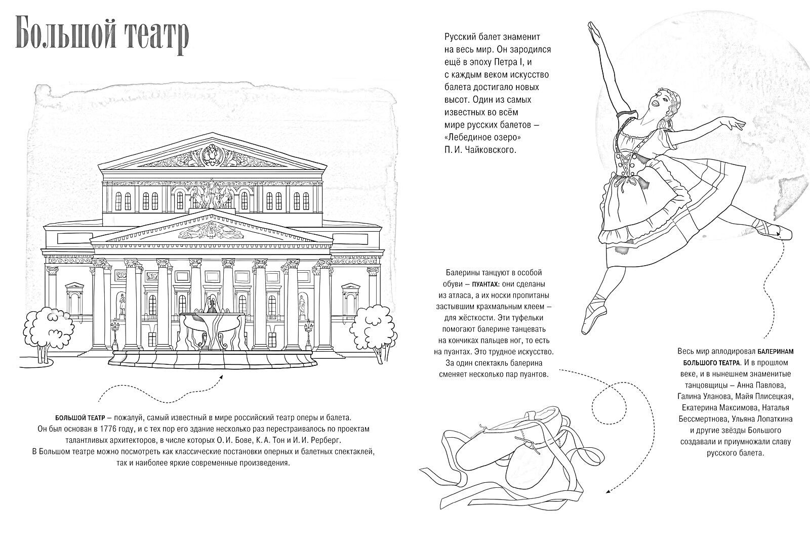 Раскраска Большой театр, балерина на сцене, музыкальные инструменты