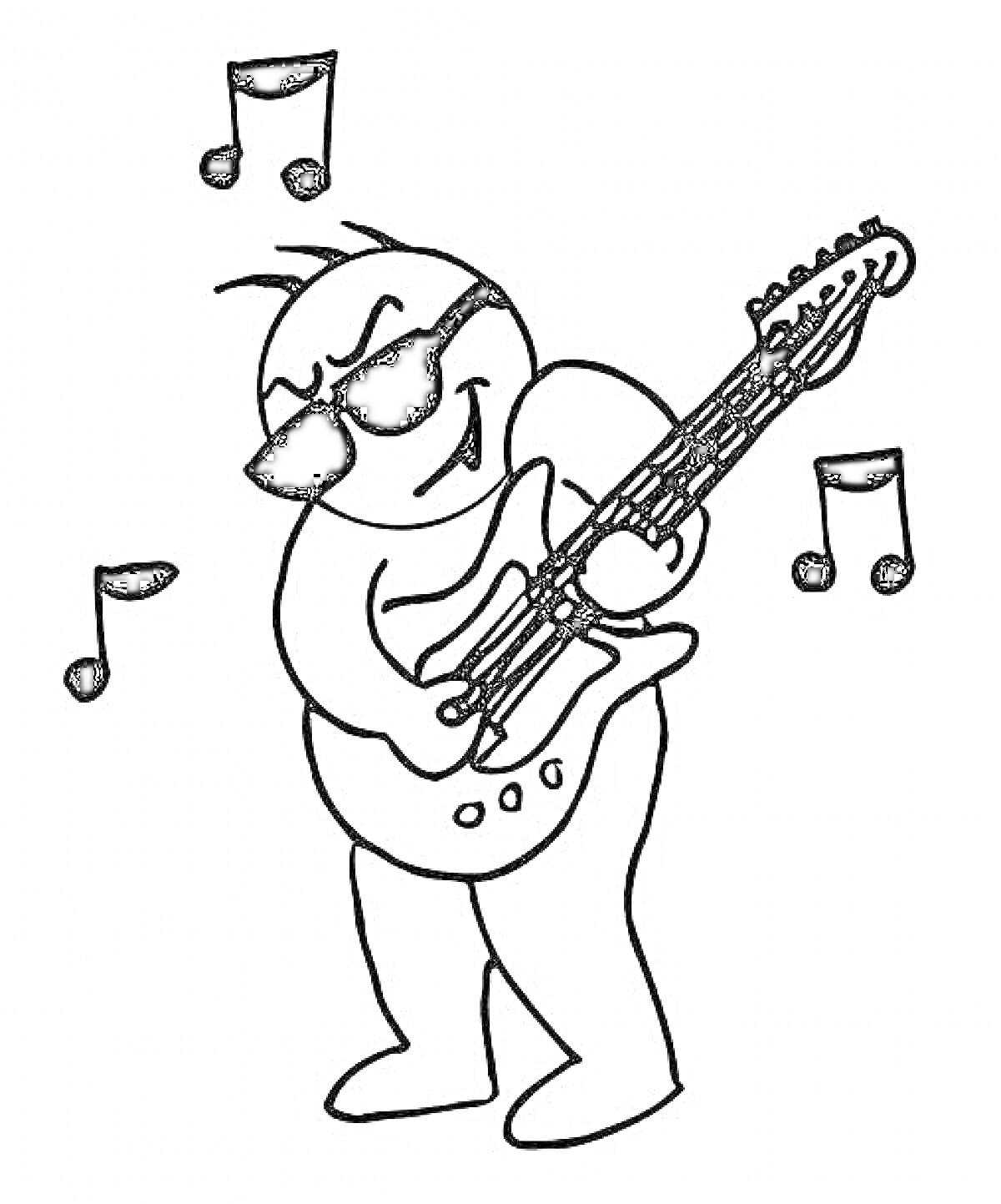 Раскраска Человек в солнцезащитных очках играет на электрогитаре, вокруг летают музыкальные ноты