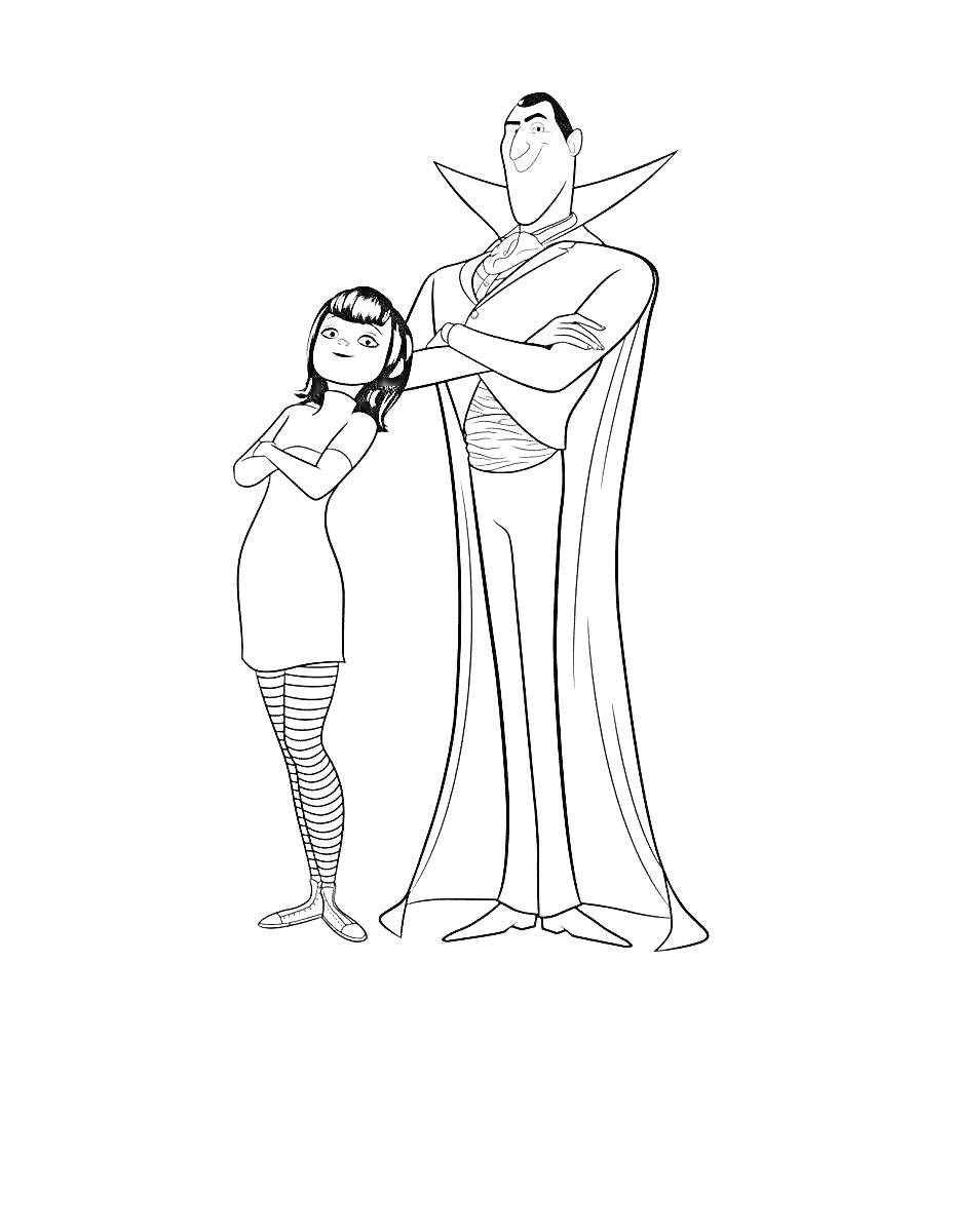 Раскраска Женщина в платье и полосатых чулках и мужчина в плаще с высоким воротником