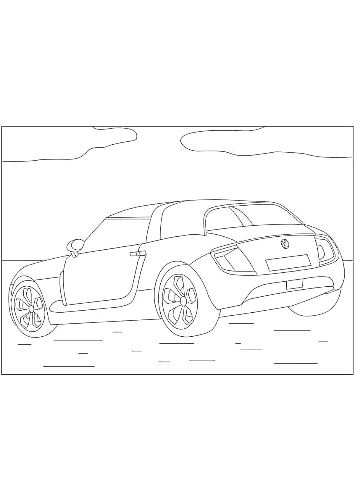 Раскраска Рисунок автомобиля Volkswagen с дорогой и облаками