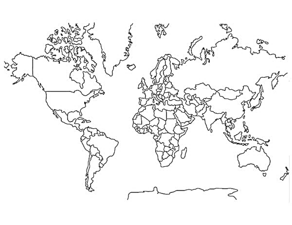 Раскраска Карта мира с границами стран для раскрашивания
