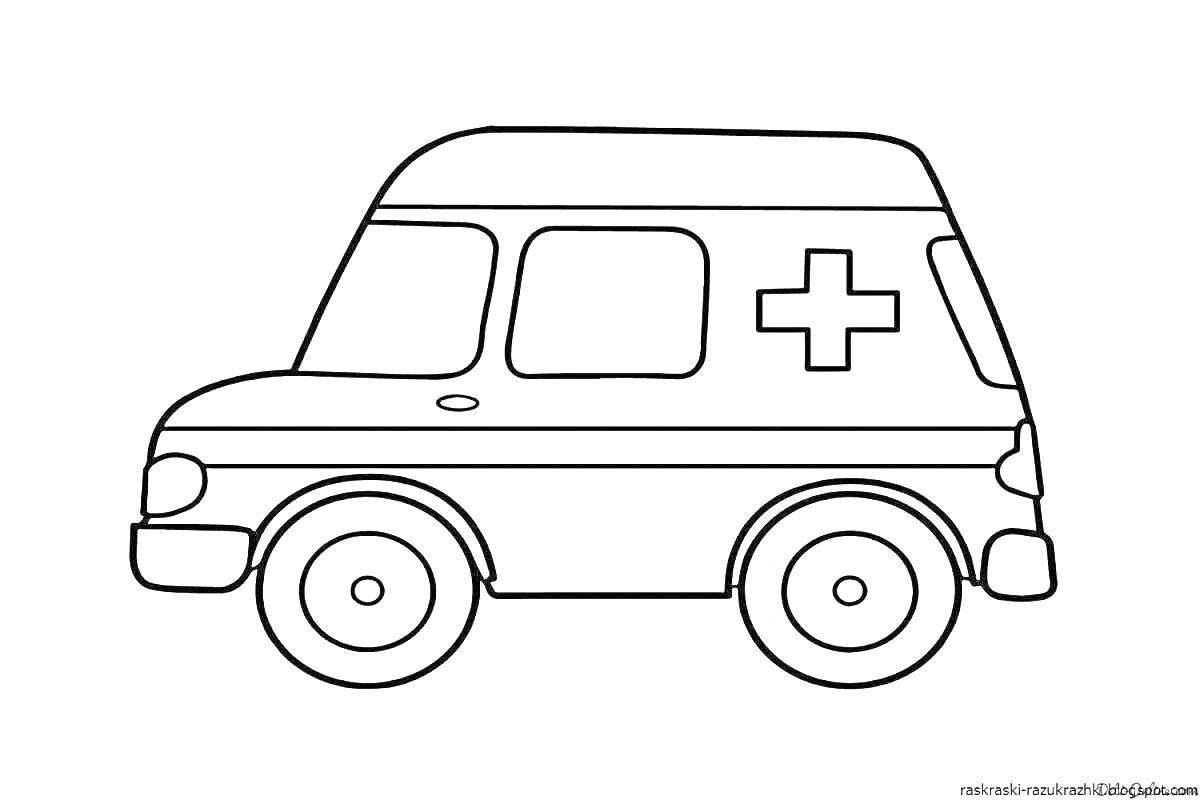 На раскраске изображено: Скорая помощь, Крест, Окна, Колёса, Транспорт
