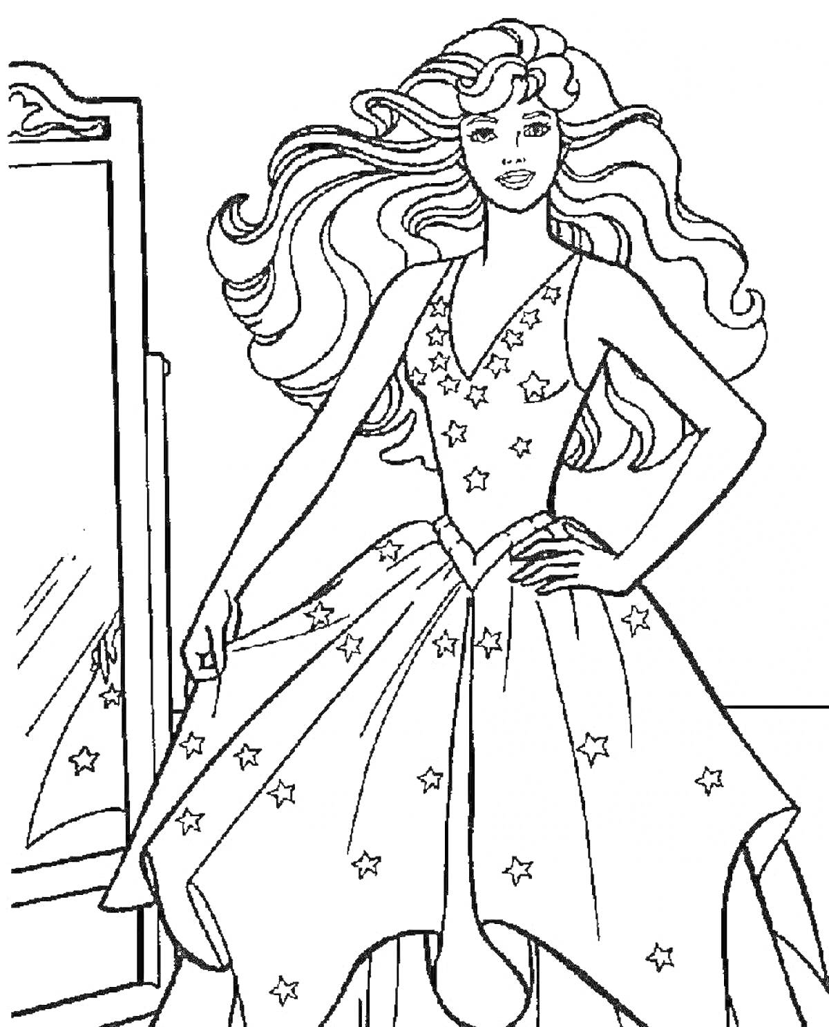 На раскраске изображено: Барби, Звезды, Платье, Зеркало, Длинные волосы, Мода, Кукла