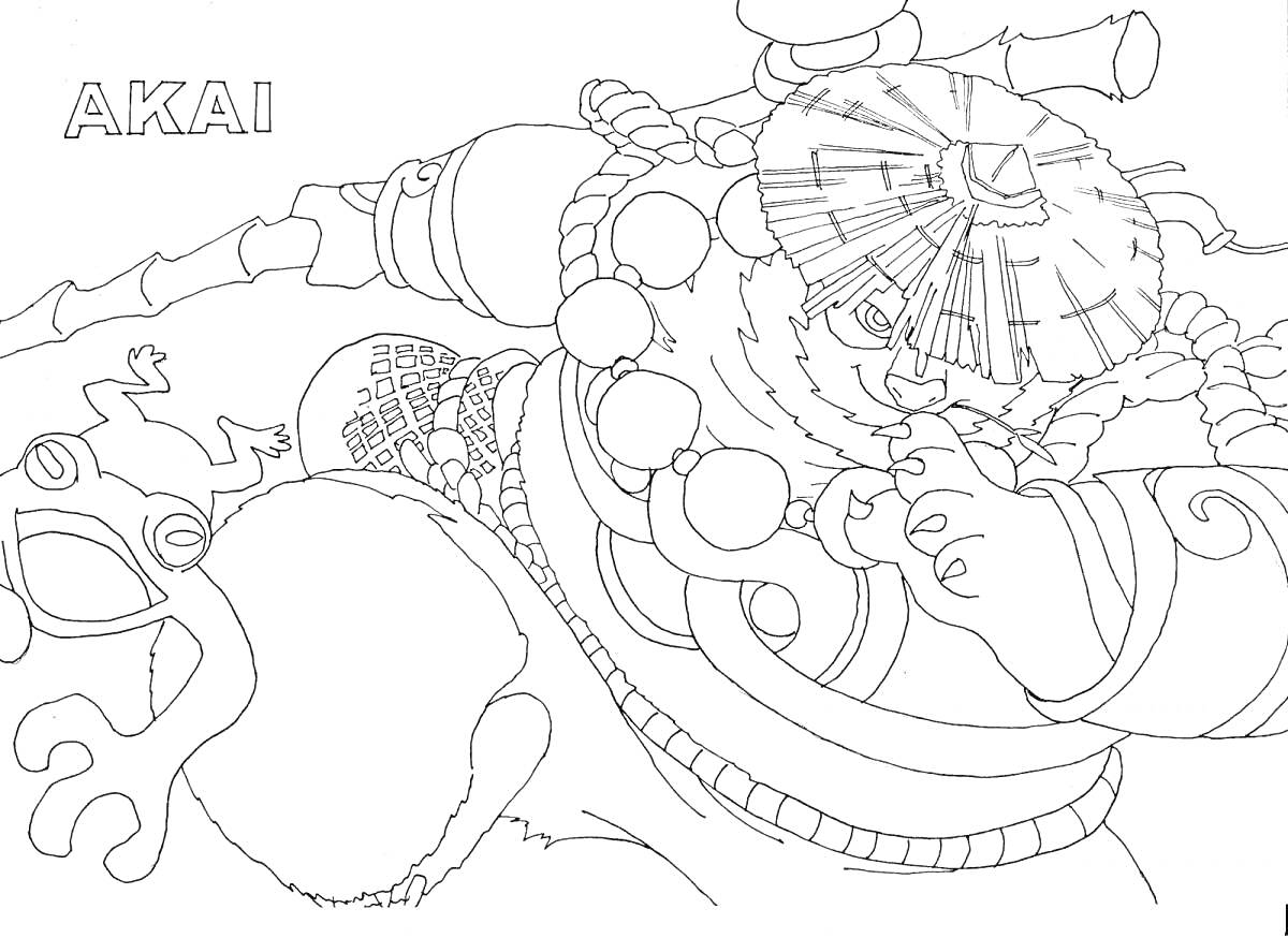 Раскраска Akai с бамбуковым посохом, в шляпе и с броней