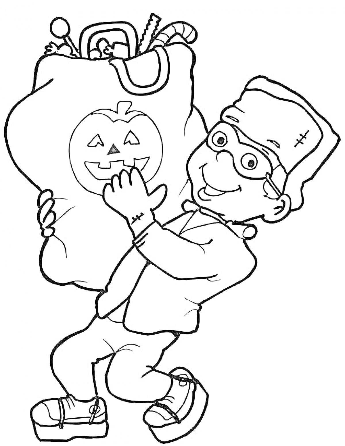 Раскраска Ребёнок в костюме Франкенштейна с мешком конфет на Хэллоуин