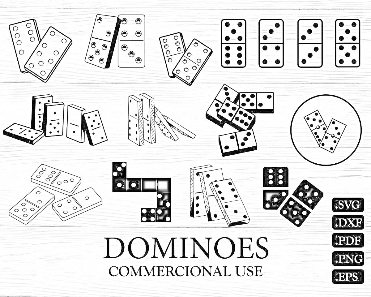 Раскраска Домино разнотипные: вертикальные, горизонтальные, кучки, стопки, одиночные, кольцо