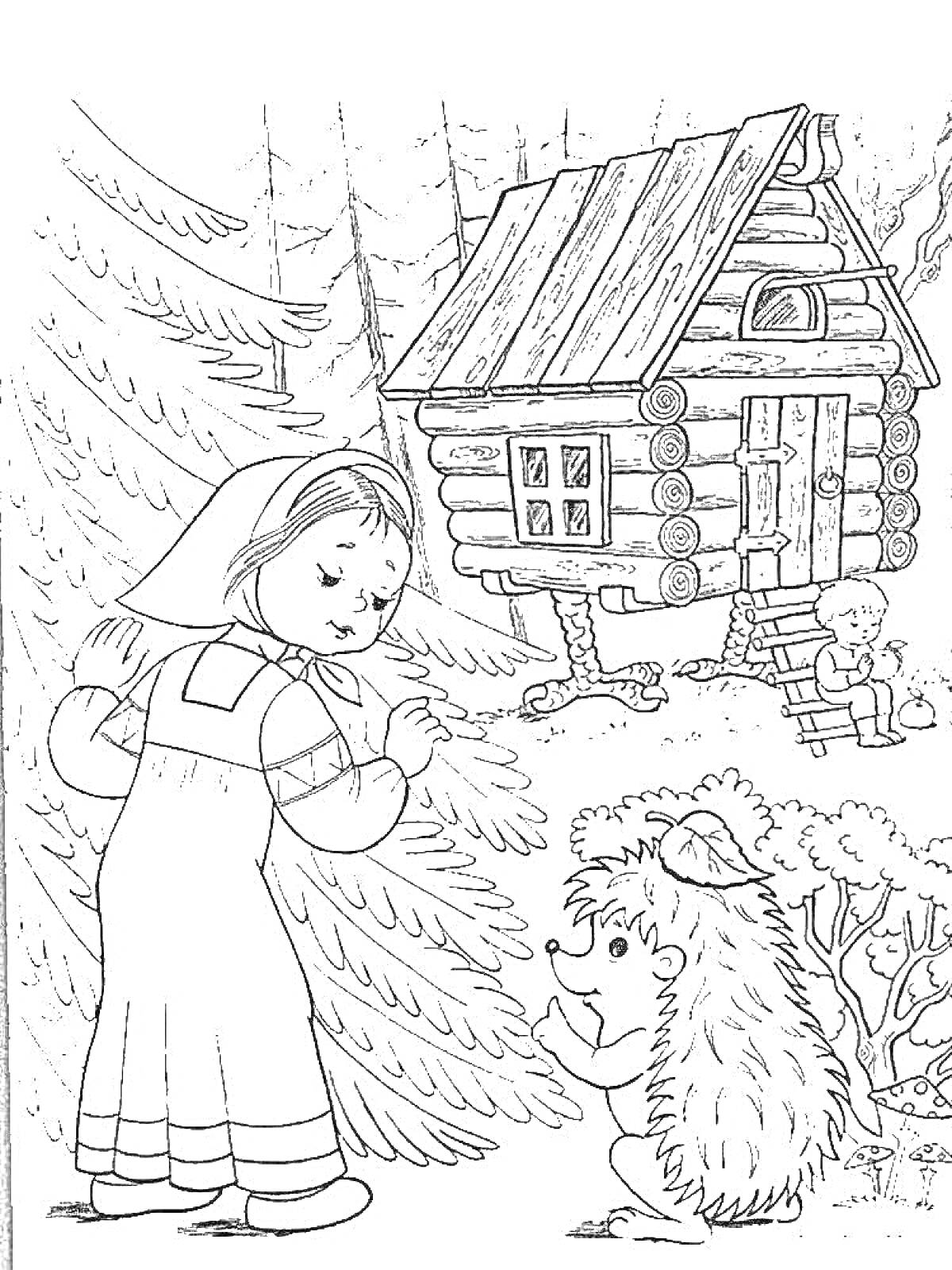 На раскраске изображено: Девочка, Избушка на курьих ножках, Лес, Природа