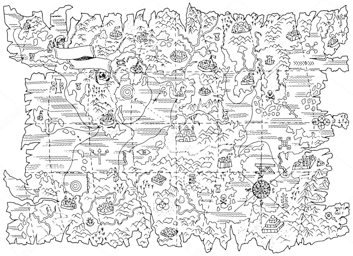 Раскраска Карта сокровищ с островами, кораблями, сундуками с сокровищами, пальмами, горными ландшафтами, морскими существами, маяками, компасом, руинами, крабами, пиратскими символами и монетами