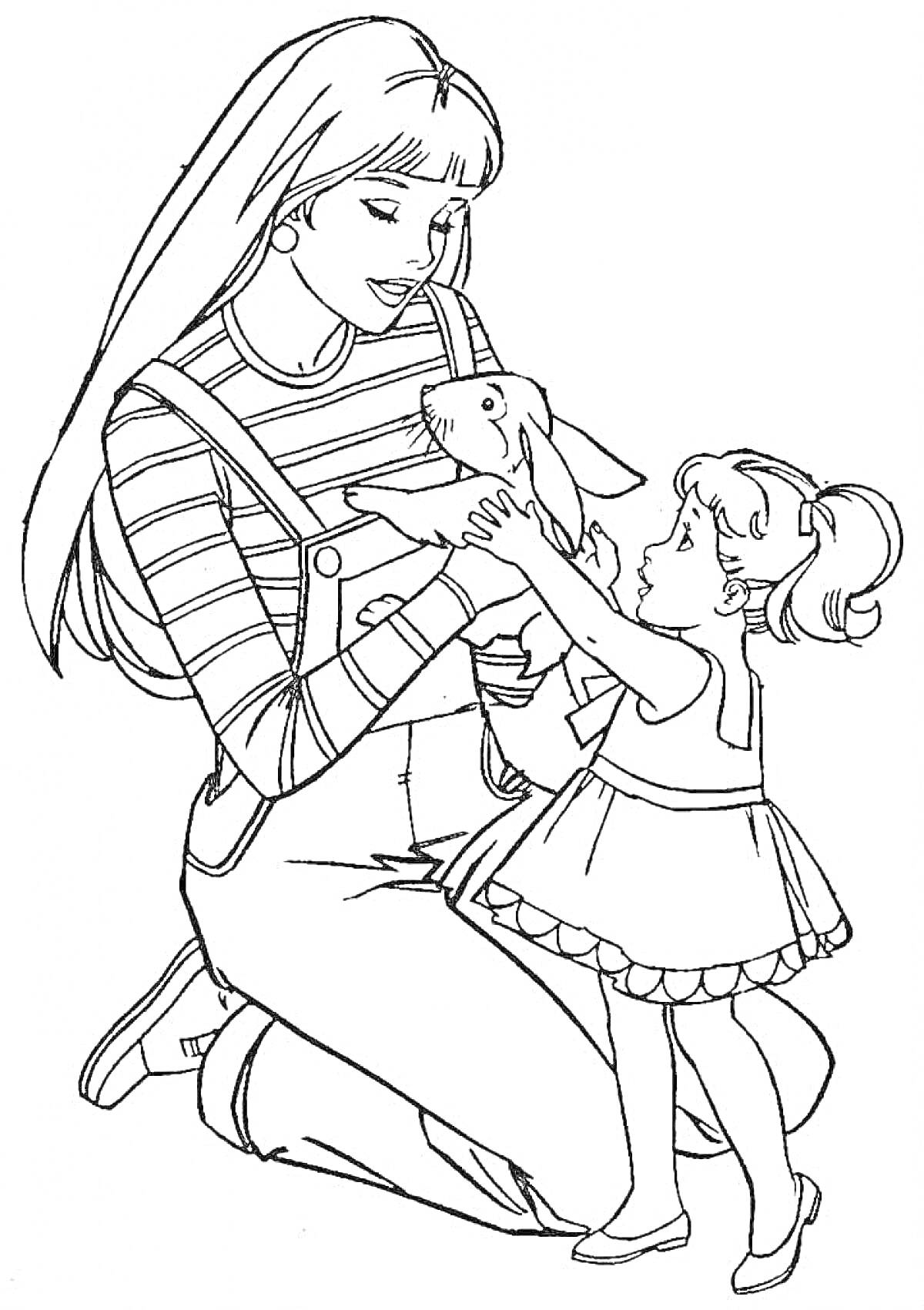 Раскраска Мама с дочкой держат кролика. Мама в комбинезоне и полосатой футболке, дочка в платье и с хвостиками