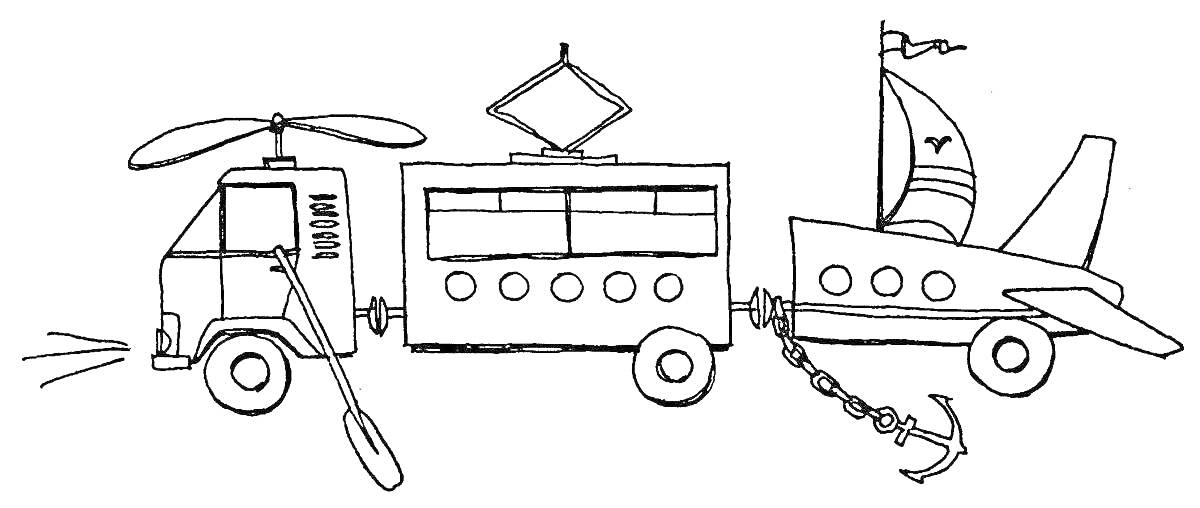 Раскраска Машина с вертолетом на крыше, автобус с цепью, прикрепленной к самолету с парусом и якорем