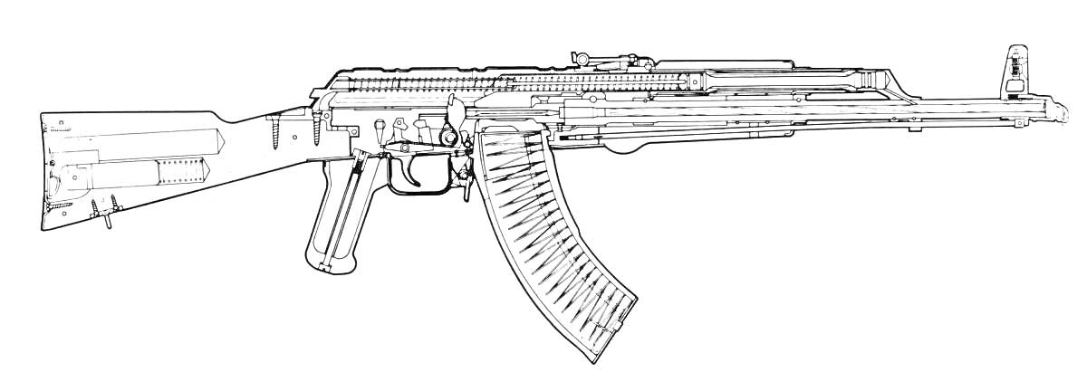 Раскраска Раскраска автомата АК-74 с прямоугольным прикладом, цевьем, магазином и прицелом