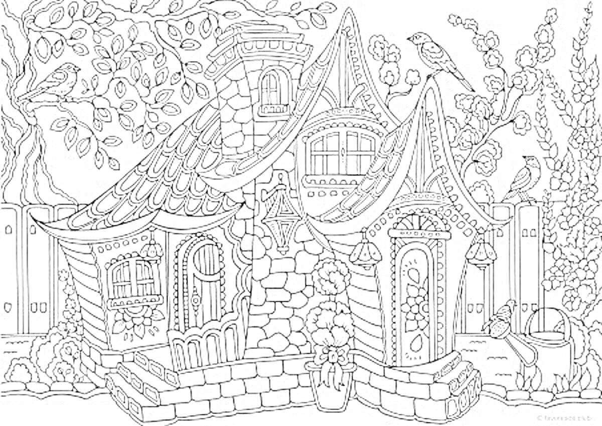 Фантазийный домик с причудливой архитектурой, окружённый деревьями с птичками, каменный забор, цветочные горшки и зайчик на переднем плане