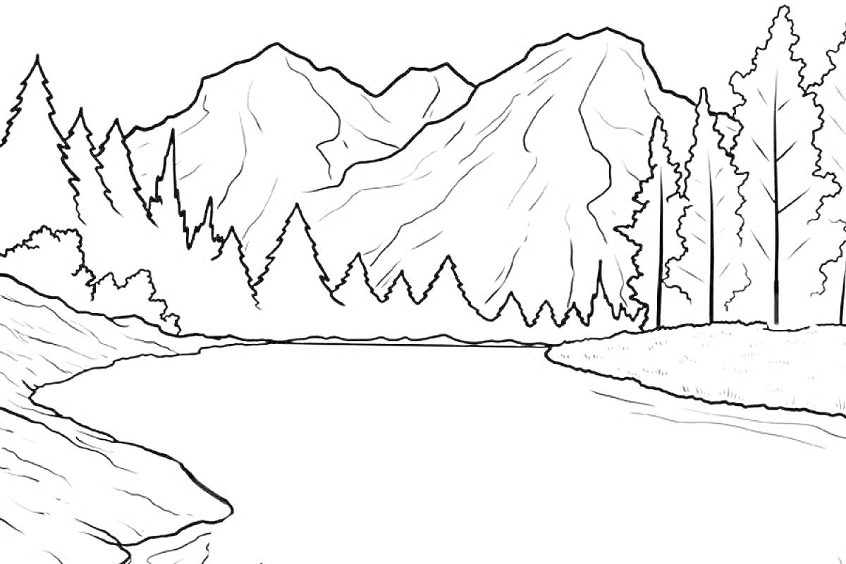 Раскраска Горы, лес и река на фоне гор в России