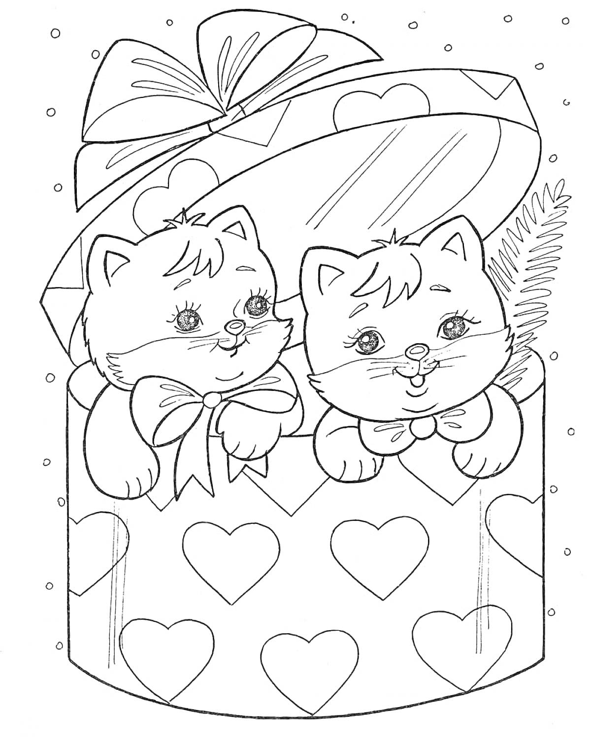 Раскраска Два котика в подарочной коробке с сердечками и бантом