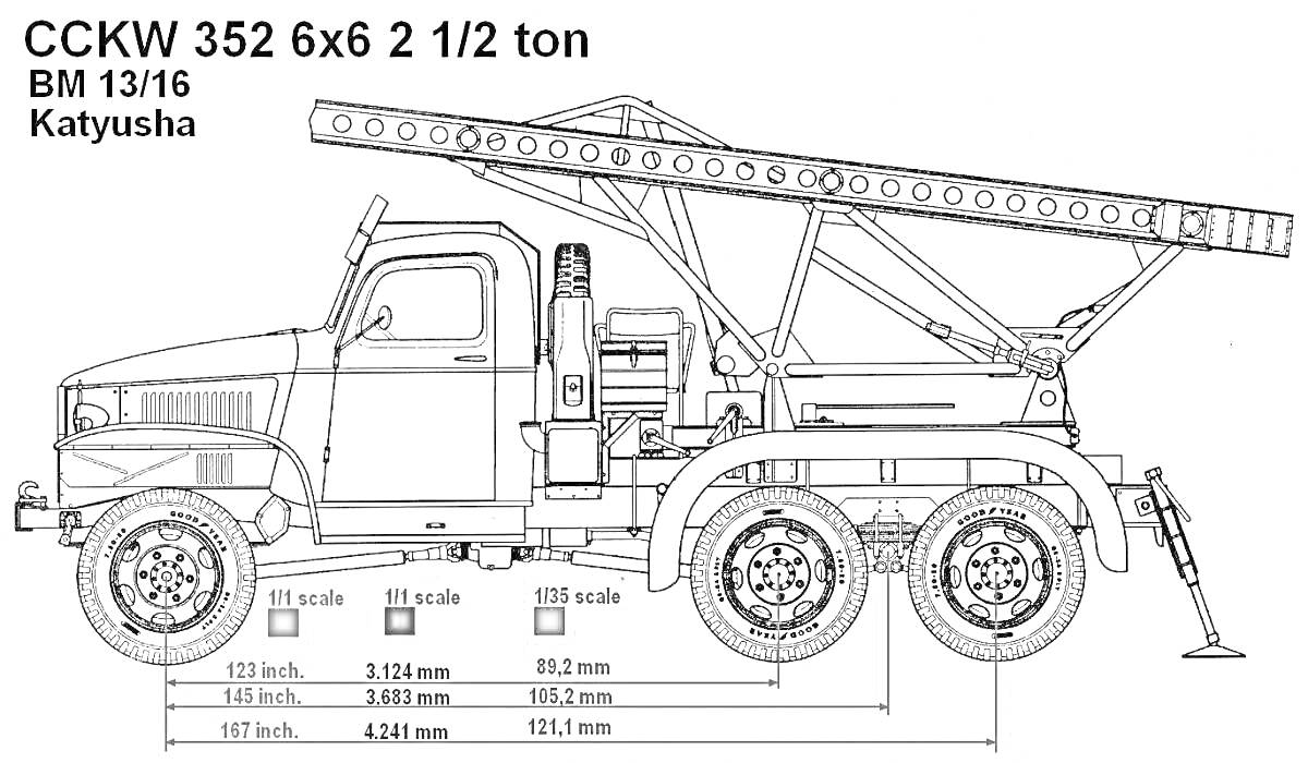 Раскраска Грузовик CCKW 352 6x6 с катюшей и техническими характеристиками