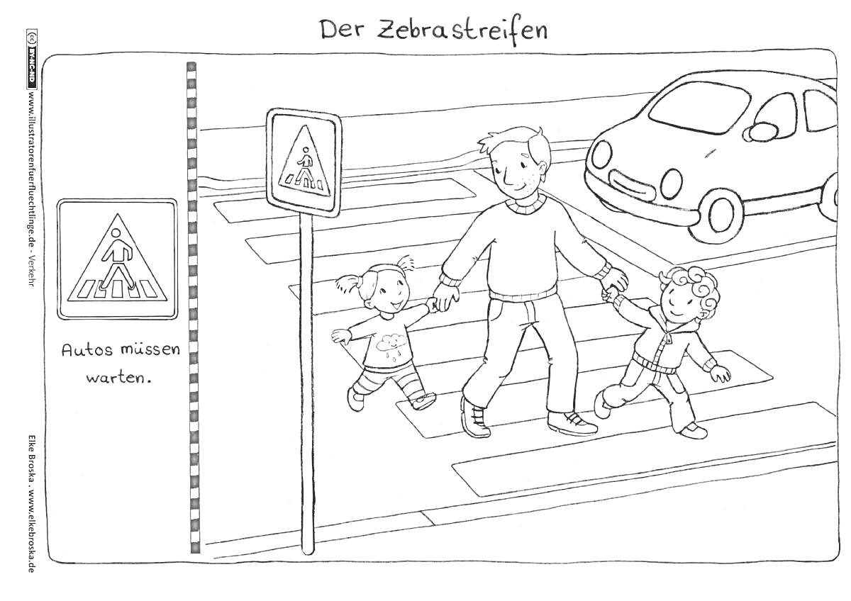 Раскраска Пешеходный переход с детьми, автомобилем и дорожным знаком