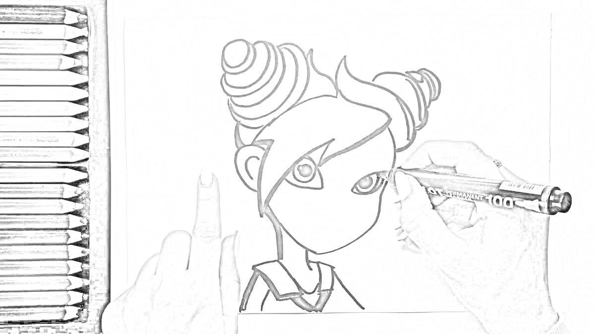 Раскраска Рисунок героя Энвила с двойными пучками на голове, рисуется черным маркером, рядом цветные карандаши