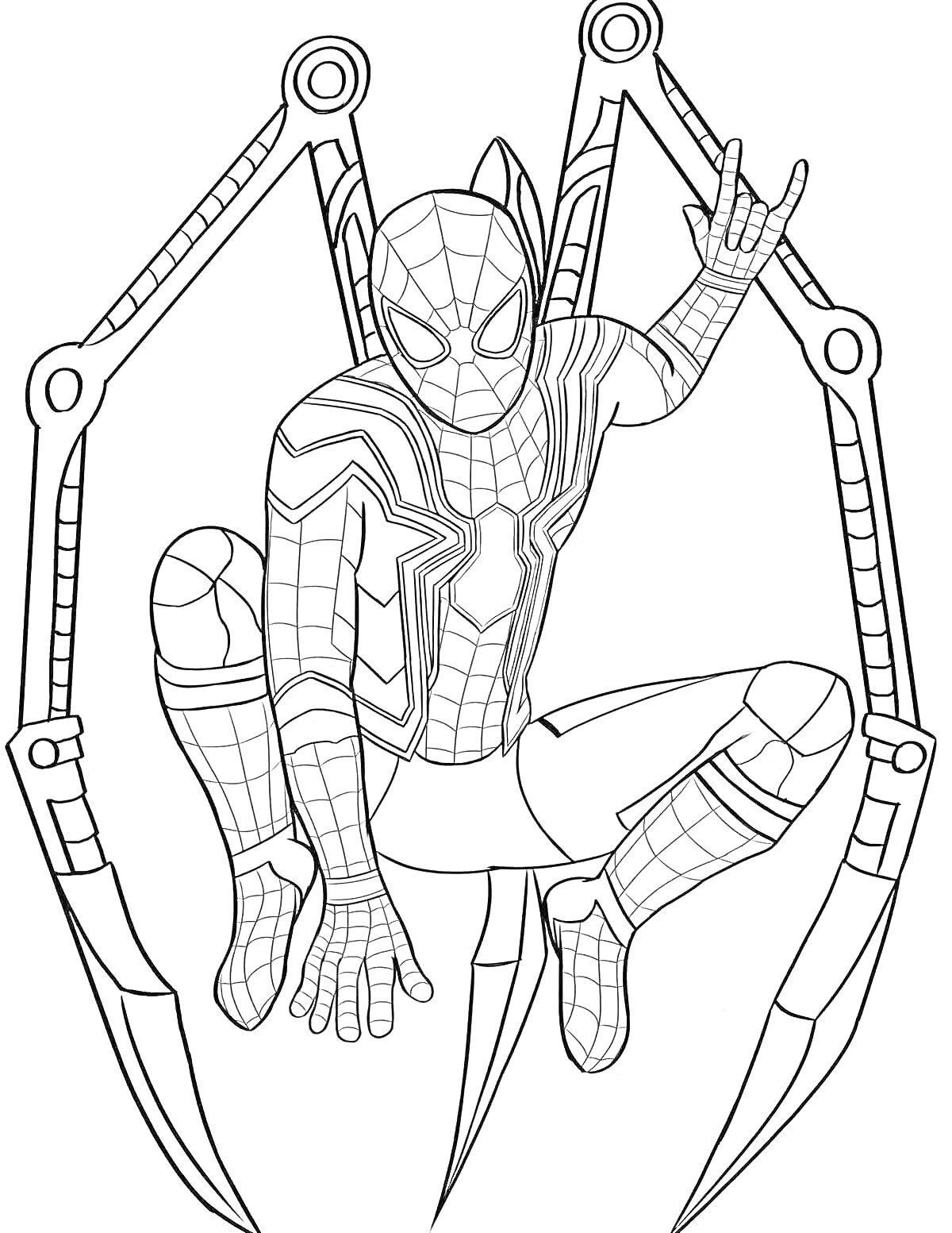 Раскраска Человек-паук с клешнями в паучьем костюме, сидящий на корточках, с поднятой рукой делая паучий жест