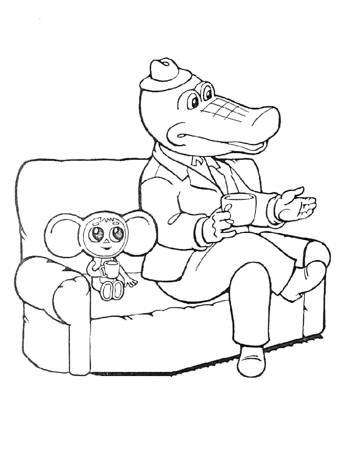 Раскраска Чебурашка и Крокодил Гена на диване с чашкой чая