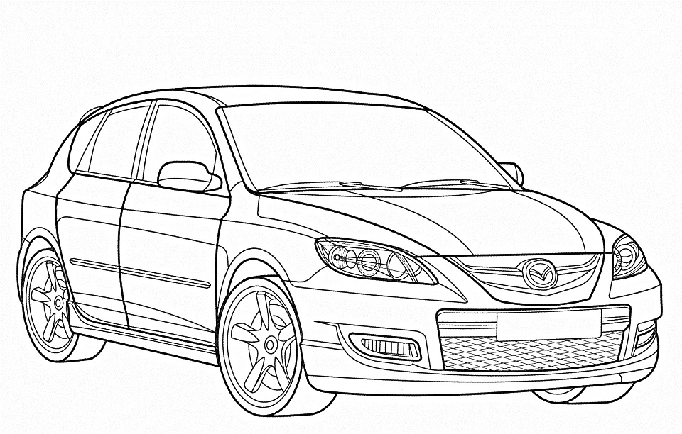 Раскраска автомобиля Mazda с фронтальной и боковой стороны, с видимой детализацией колес, фар и решетки радиатора.