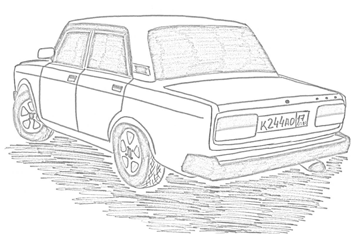 Раскраска Ваз 2107 с номерным знаком и деталями задней части автомобиля