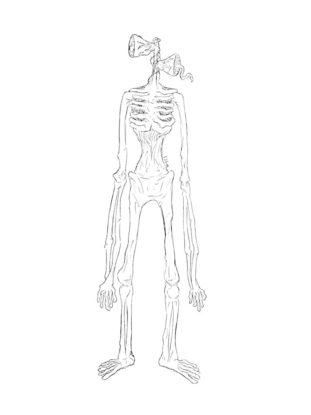Раскраска Сиреноголовый - гуманоидное существо с сиренами вместо головы с вытянутыми руками и ребрами