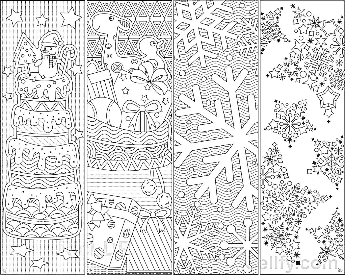 Раскраска Торт с елочкой, снежинки, подарки и игрушки, большие снежинки, узор из снежинок