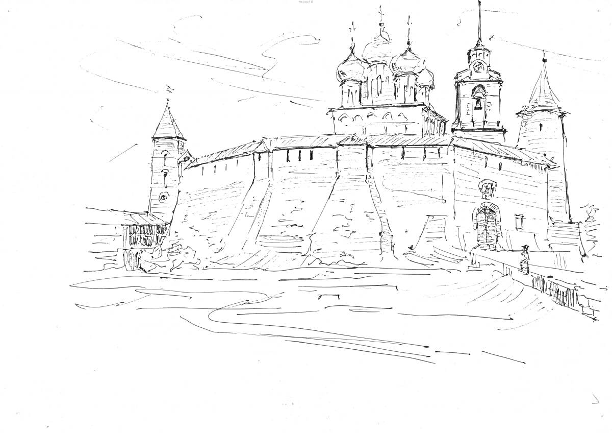 На раскраске изображено: Кремль, Великий Новгород, Башни, Собор, Крепость, Исторические здания, Архитектура, Россия