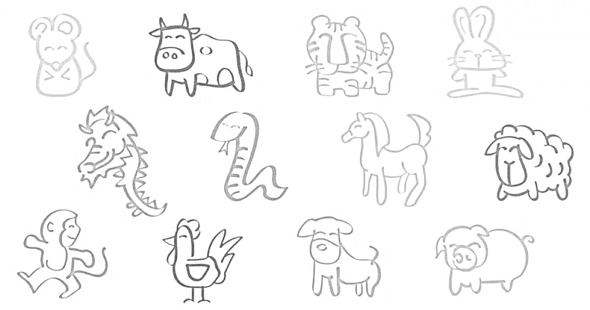 На раскраске изображено: Восточный гороскоп, Бык, Тигр, Кролик, Дракон, Лошадь, Петух, Собака