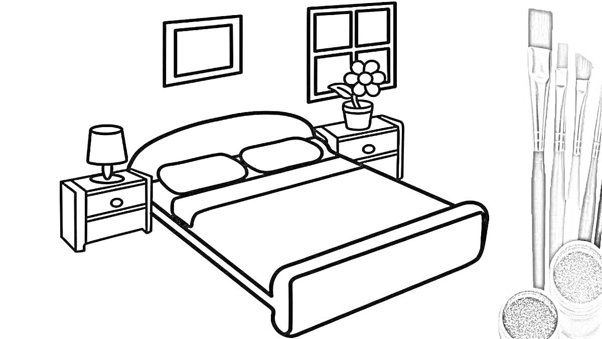 Раскраска Кровать с прикроватными тумбами, лампой, цветочным горшком, окном и стеной с картиной