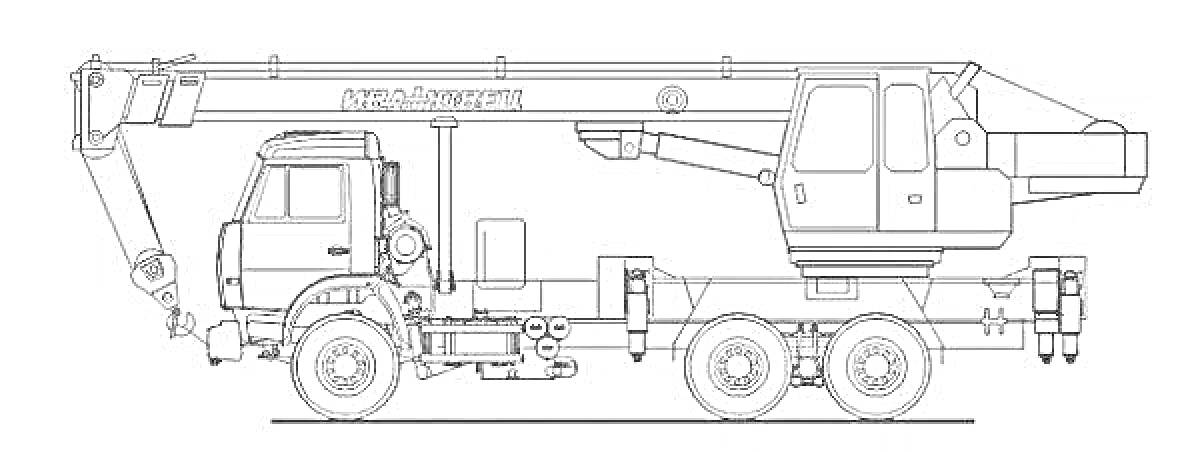 Раскраска Грузовик-манипулятор с подъемным краном, кабина водителя, колеса, стрела крана, выдвижные опоры, механизм поворота