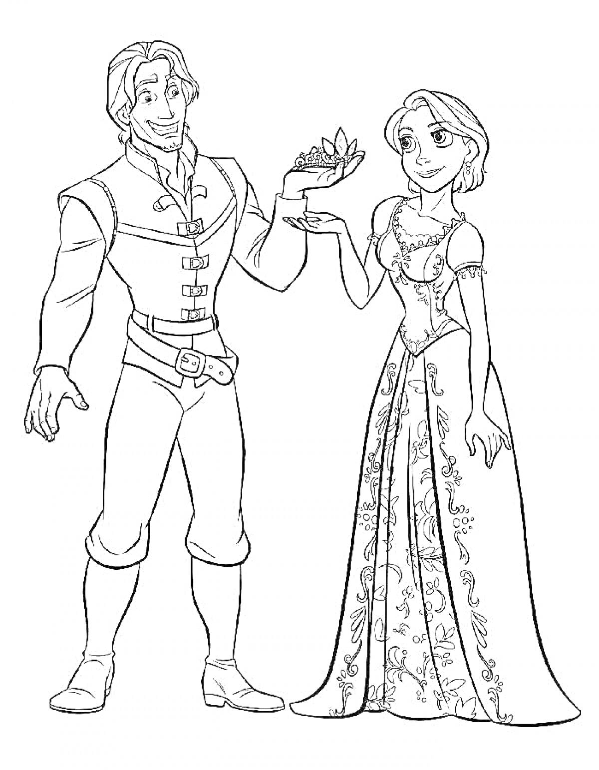 Раскраска Принцесса и принц, стоящие рядом, принц держит корону, принцесса в длинном украшенном платье