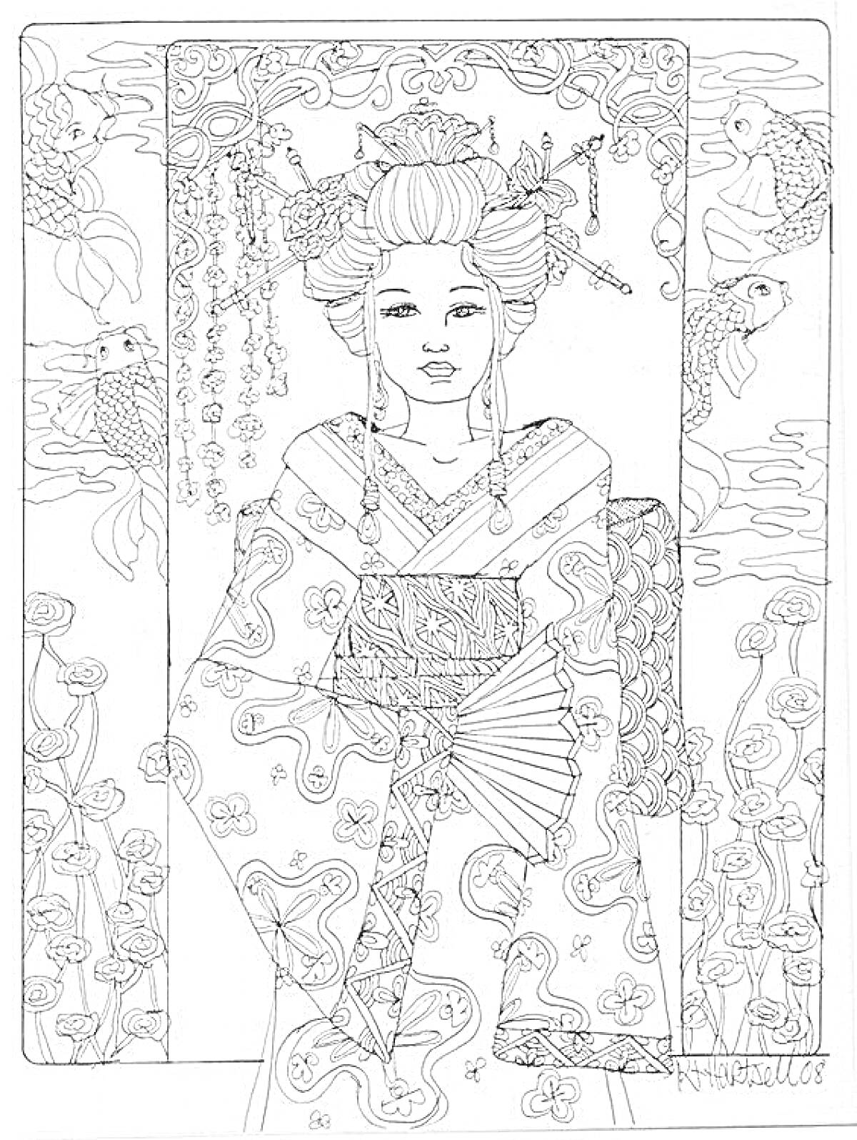 На раскраске изображено: Веер, Узоры, Цветы, Японская культура