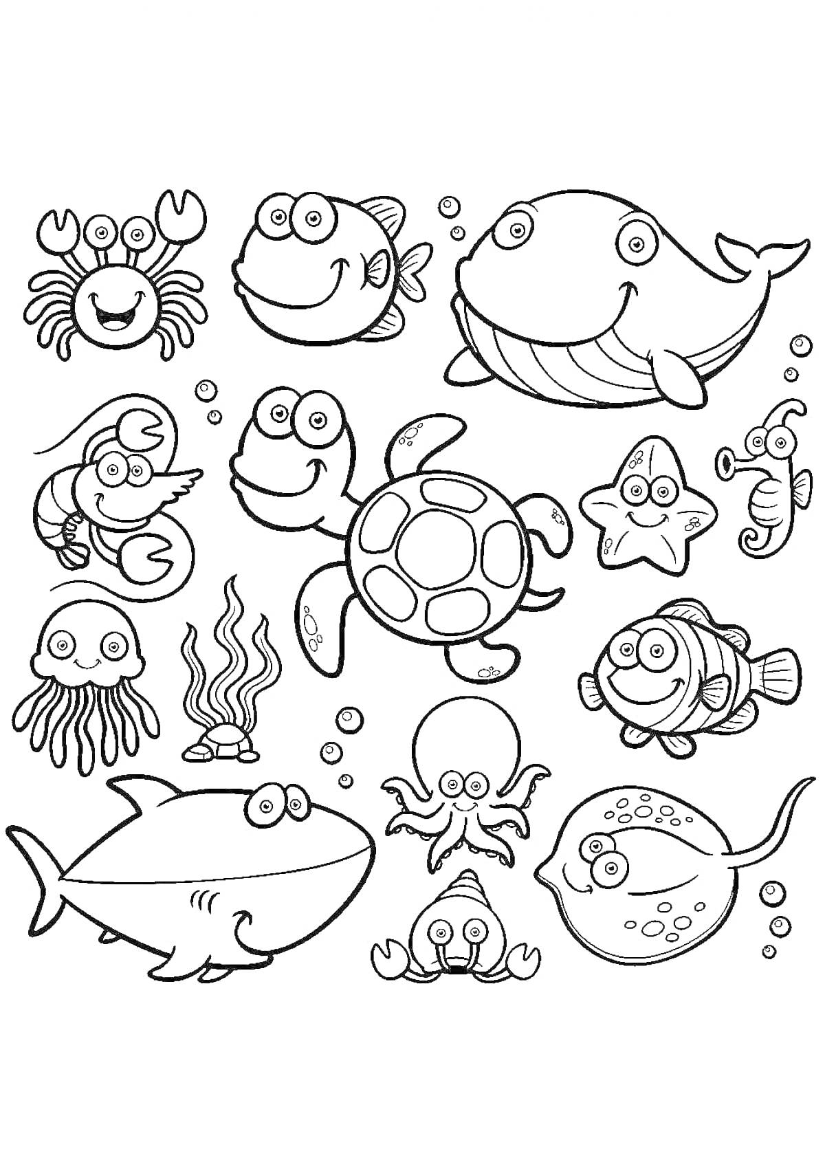 На раскраске изображено: Море, Животные, Краб, Рыба, Омар, Черепаха, Морской конек, Медуза, Водоросли, Скат, 3 года, 4 года, Подводный мир