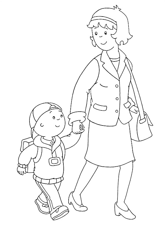 Раскраска Каю и женщина, идущие за руку, Каю с рюкзаком и шапкой, женщина с сумкой и в юбке