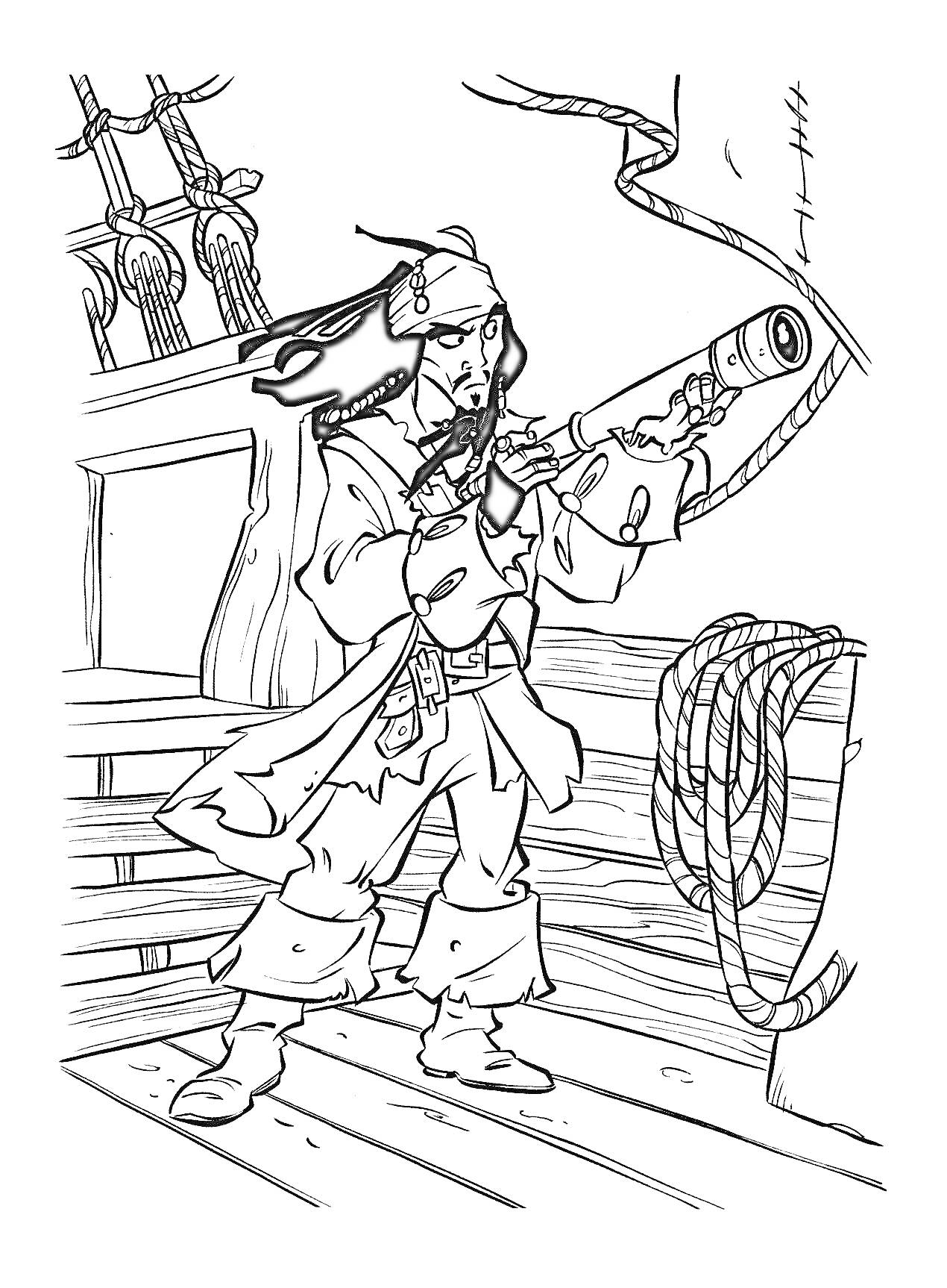 Раскраска Пират на корабле с подзорной трубой