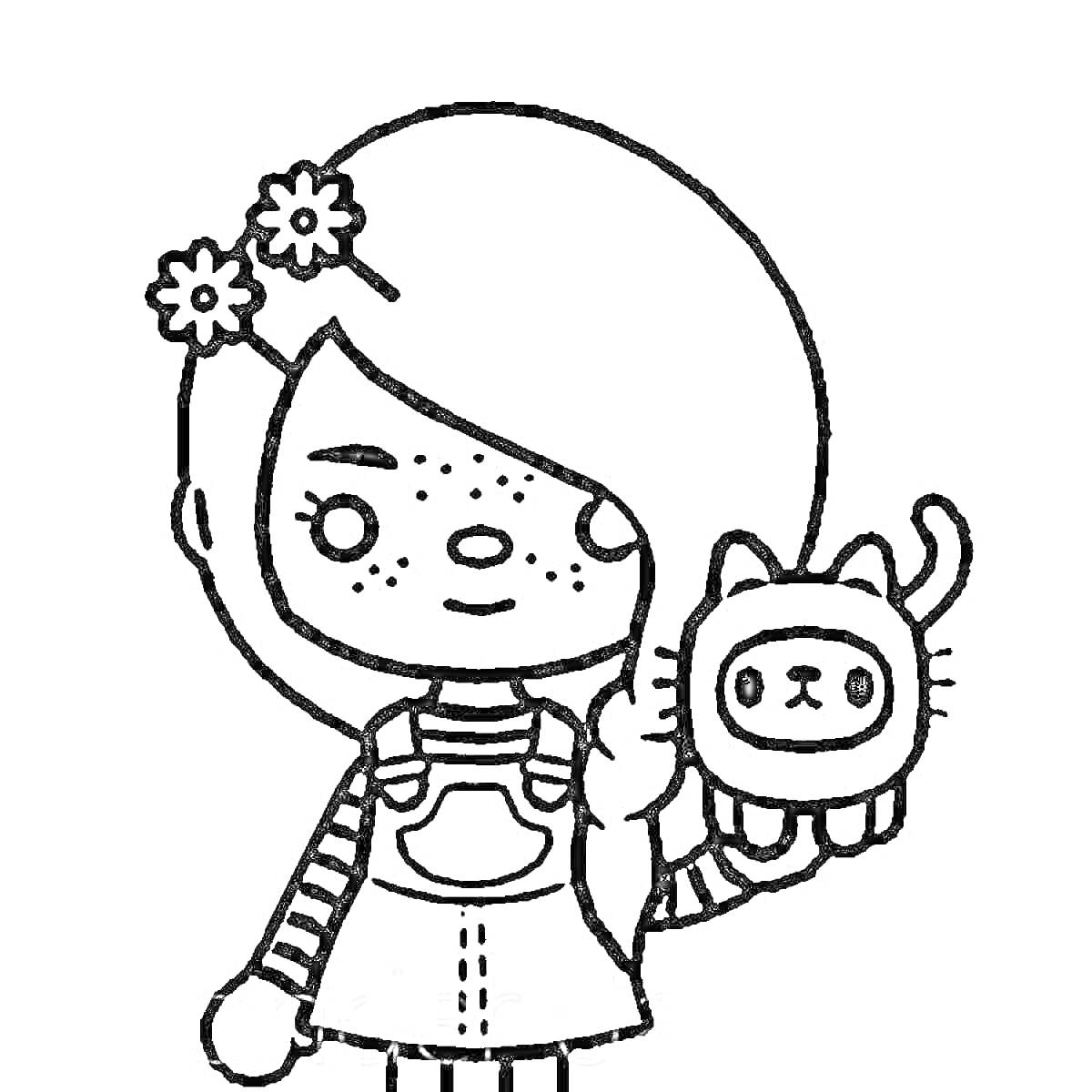Раскраска Девочка с цветами в волосах и игрушкой кота в костюме