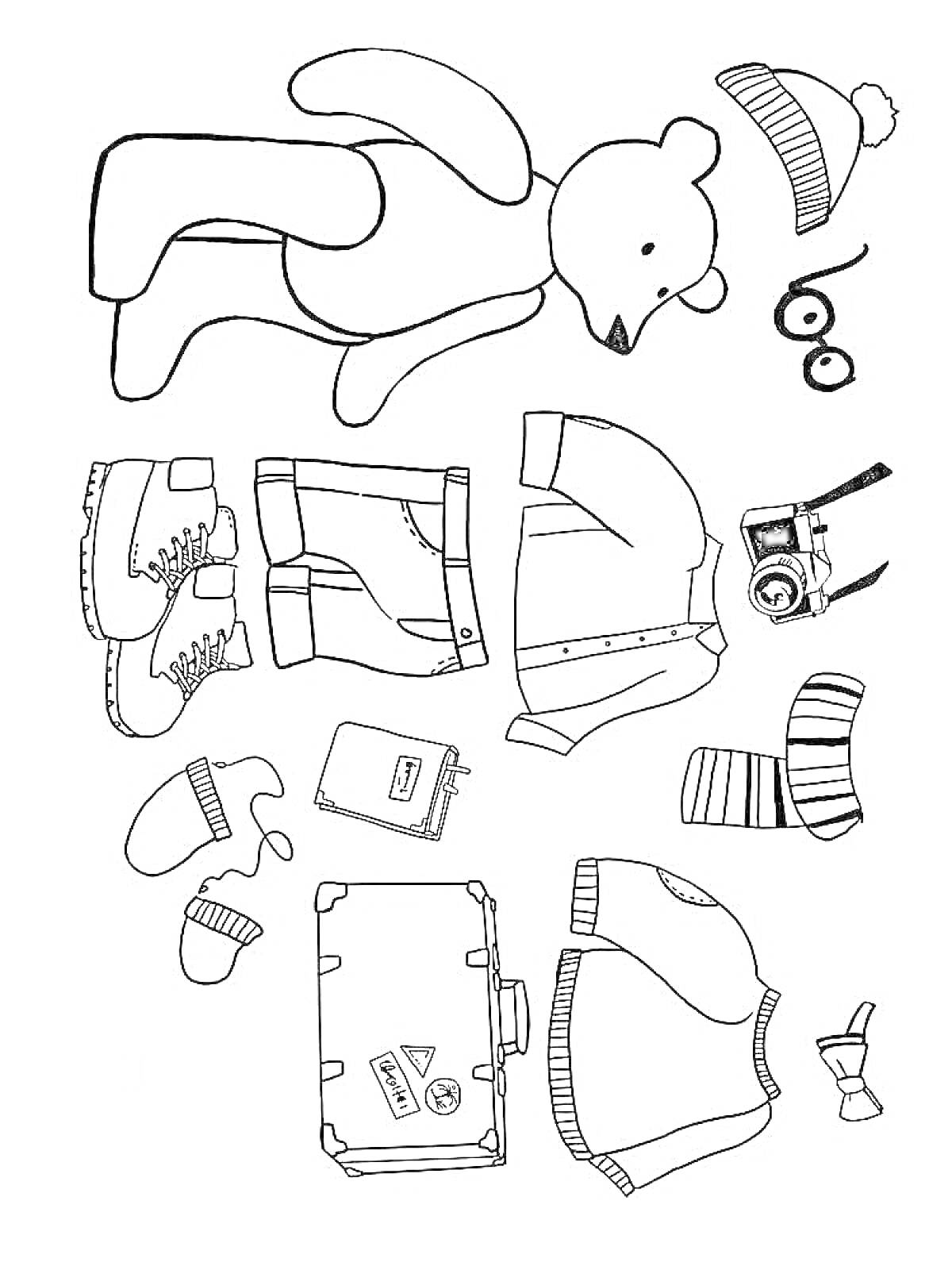 Раскраска Мишка-путешественник с шапкой, очками, ботинками, шортами, куртками, камерой, носками, варежками, чемоданом и журналом