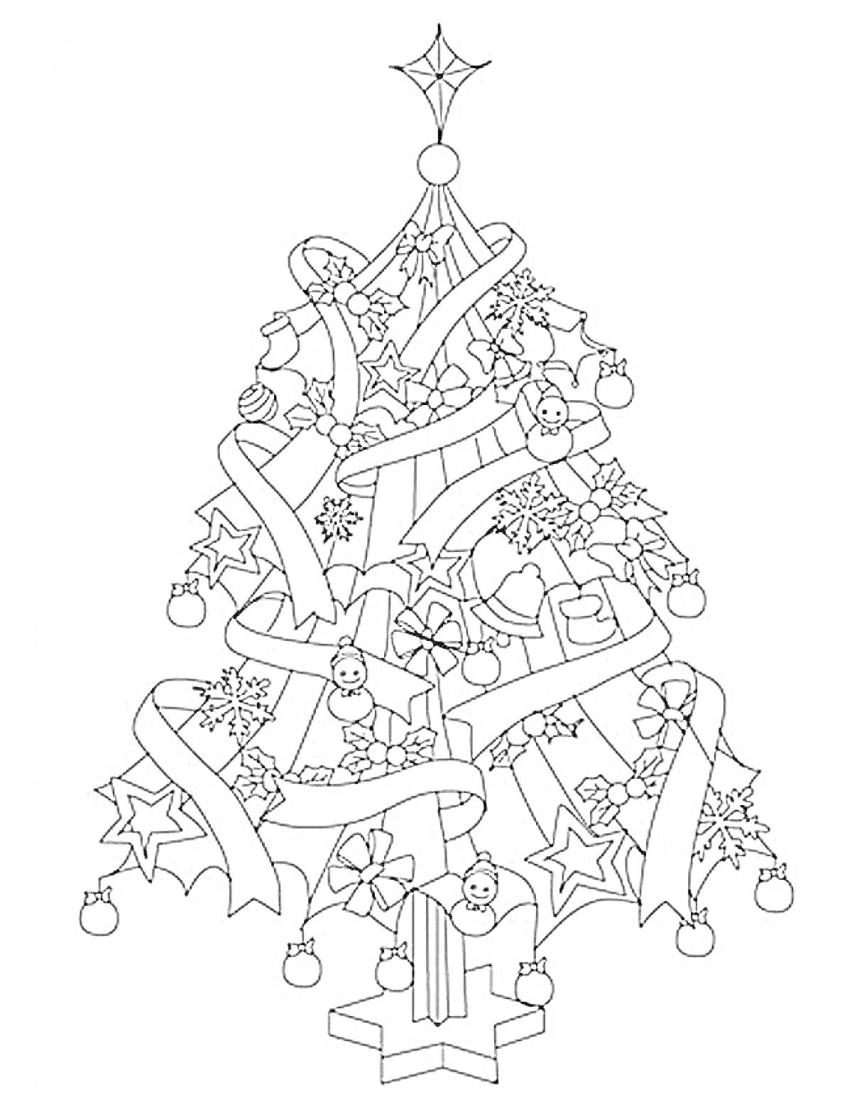 Раскраска новогодняя ёлка с лентами, звездами, снежинками, шарами, сердечками и снеговиками