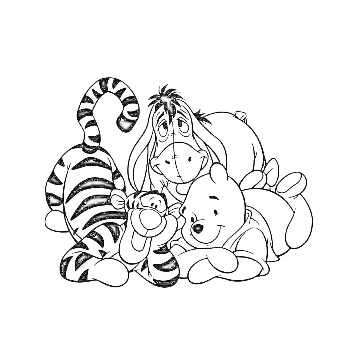 На раскраске изображено: Винни-Пух, Тигра, Иа, Дружба, Детское творчество, Животные