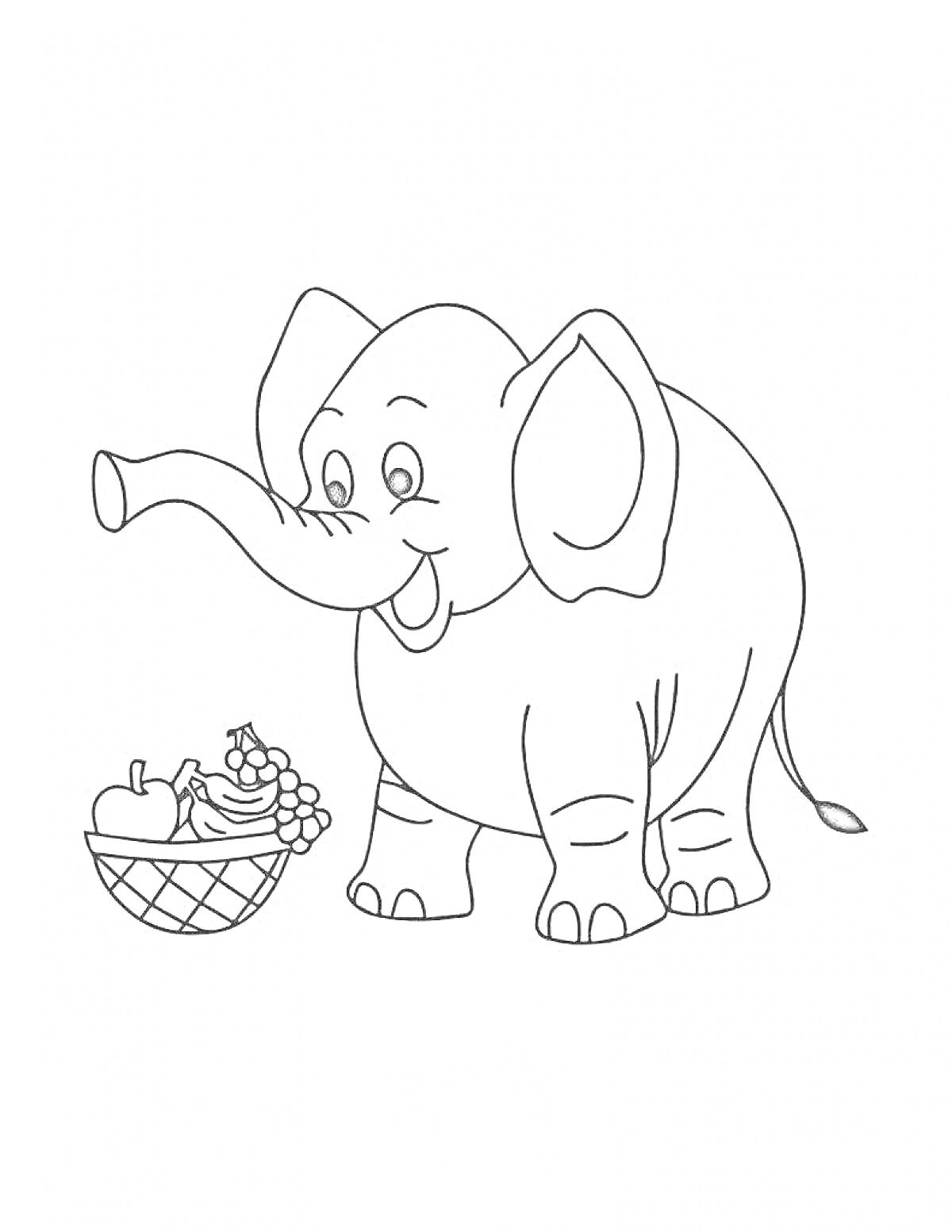 На раскраске изображено: Корзина, Фрукты, Виноград, Детское творчество