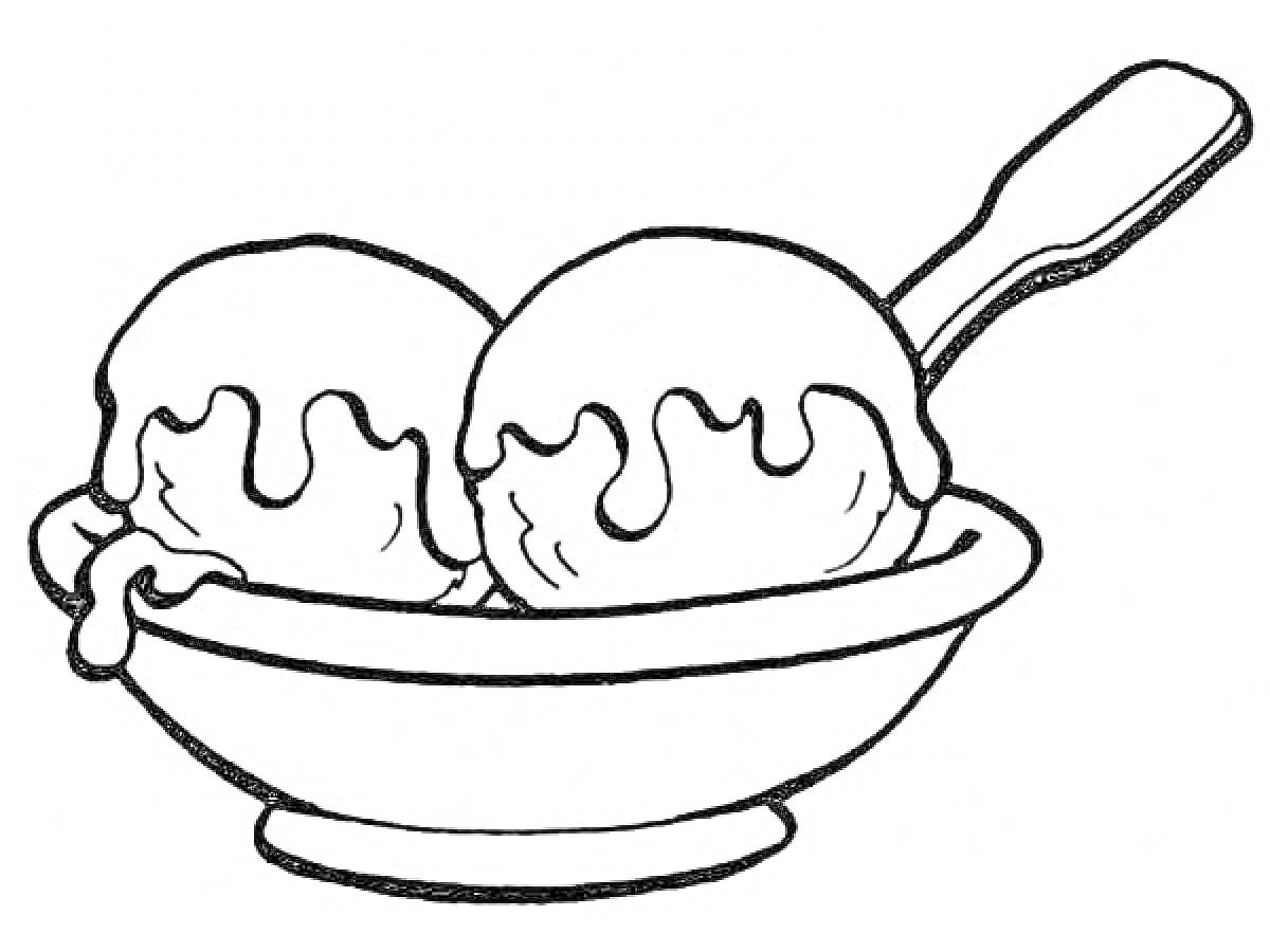 На раскраске изображено: Пиала, Мороженое, Ложка, Посуда, Еда, Десерты