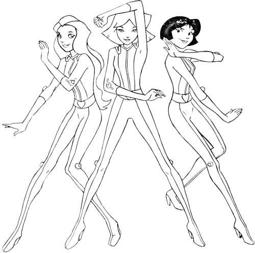 На раскраске изображено: Три девушки, Боевые позы, Каблуки, Костюм