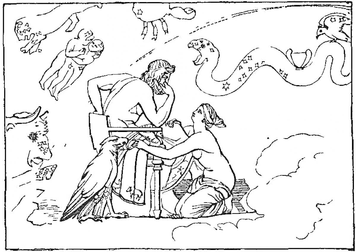 Раскраска Орфей и Эвридика на фоне небесных знаков и созвездий