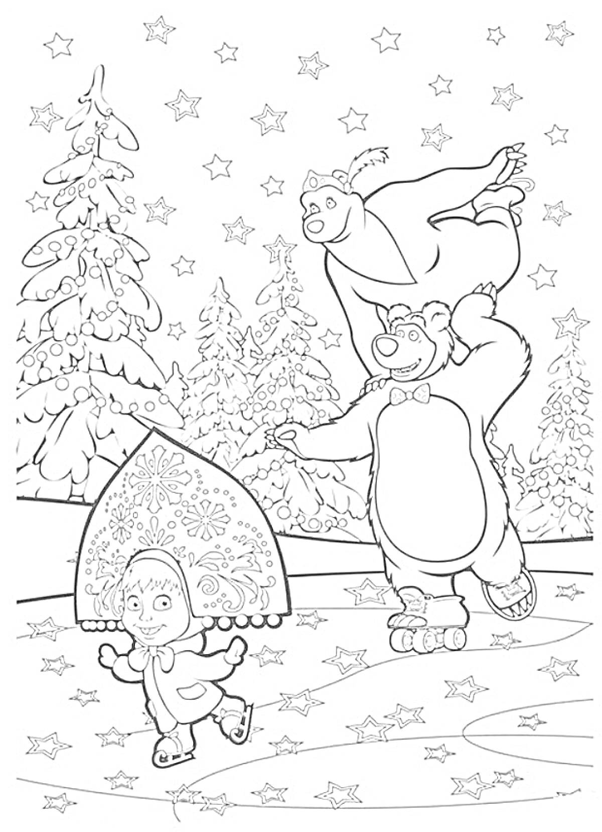 Раскраска Маша с платочком и двое медведей на коньках среди елей и звёзд