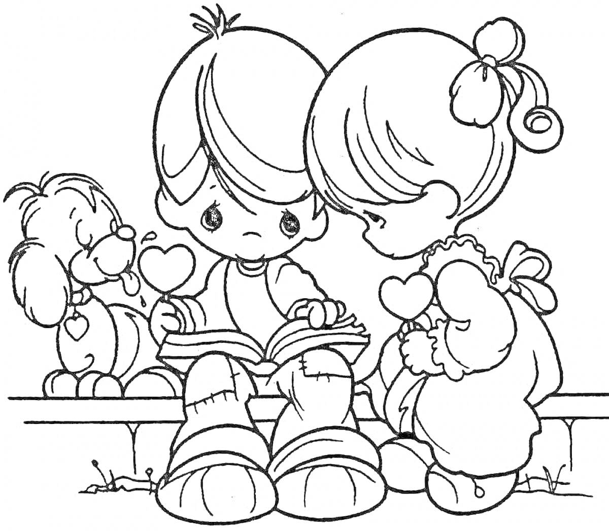 Раскраска Мальчик и девочка с сердечками, читающие книгу на скамейке, рядом сидит собака