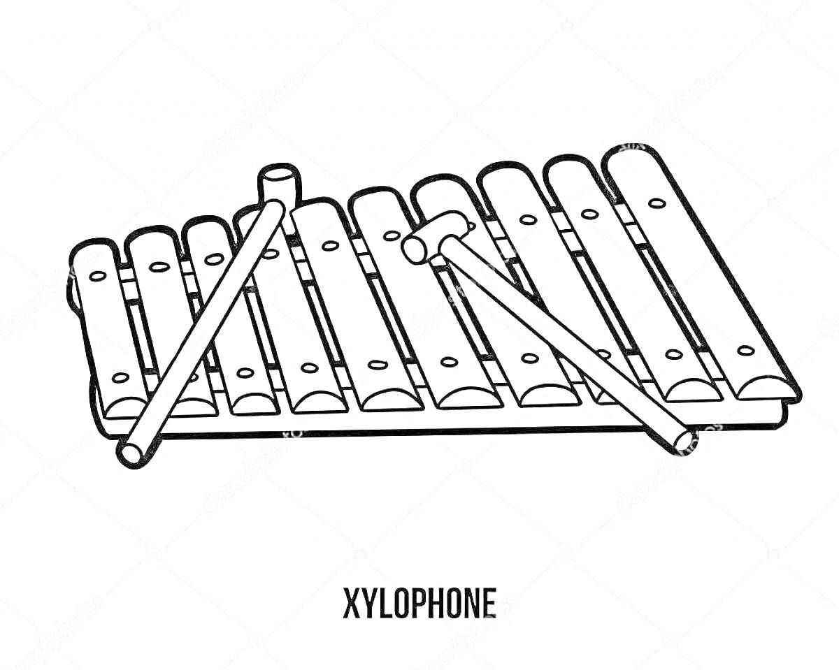 Раскраска ксилофон с клавишами и палочками