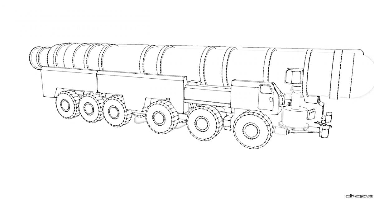 Раскраска Автомобиль с ракетной установкой Тополь-М, с множественными колесами и платформой для перевозки ракеты