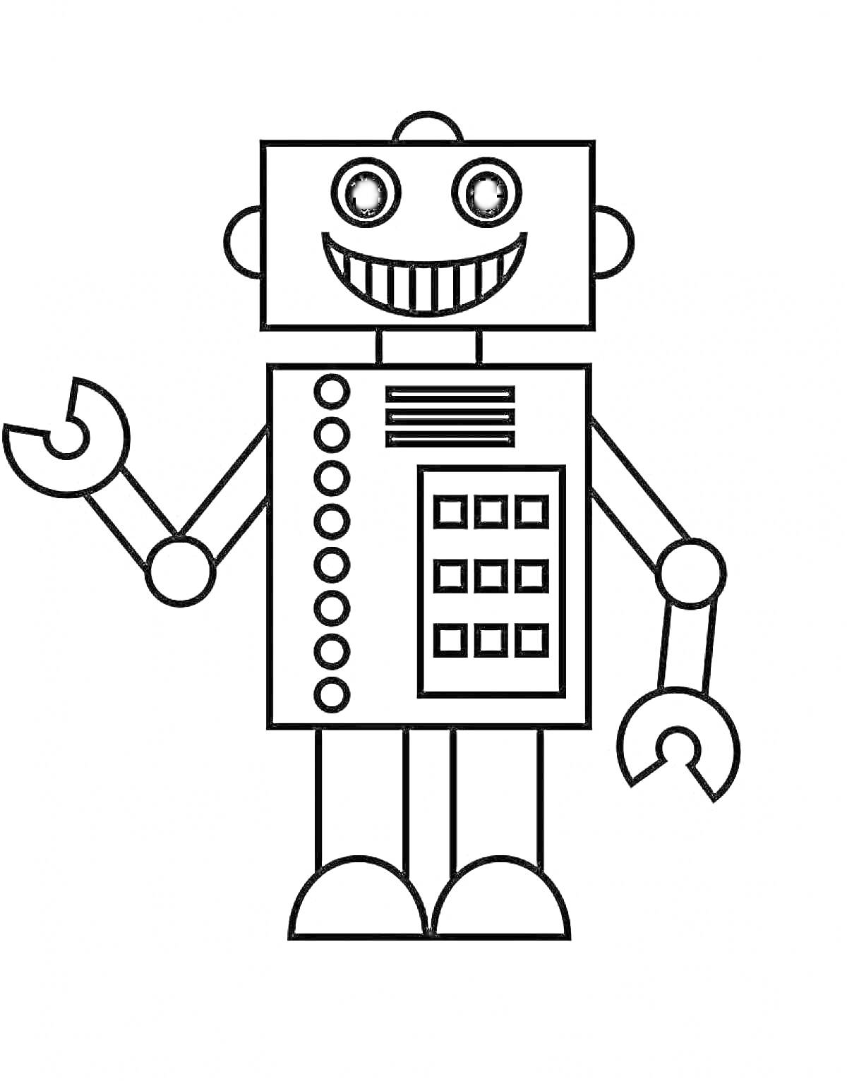 Раскраска Робот с квадратной головой, улыбкой, круглыми глазами, крючковатыми руками и квадратной кнопочной панелью на теле