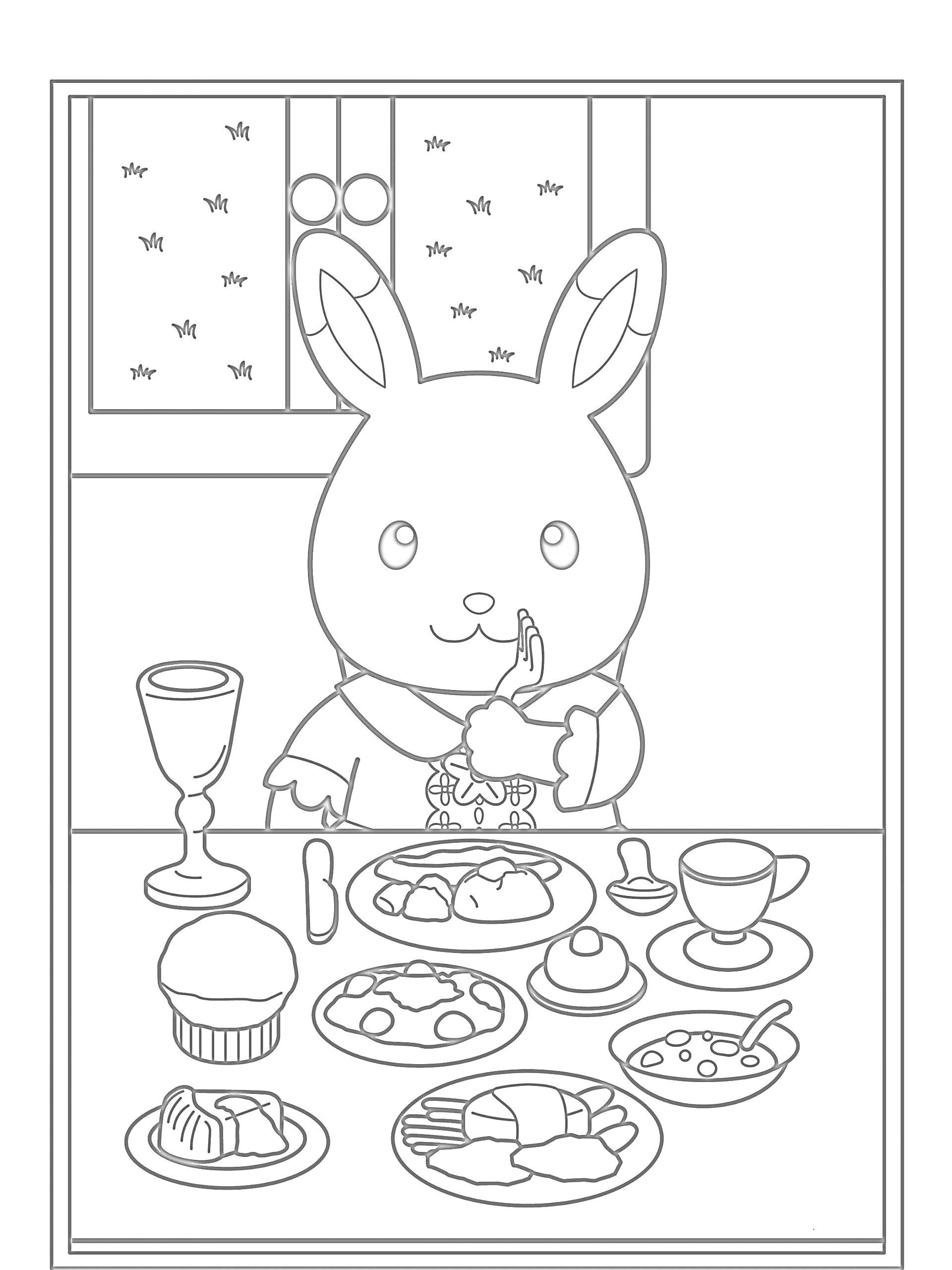 На раскраске изображено: Стол, Еда, Посуда, Завтрак, Костюм, Напиток, Окна, Зайцы